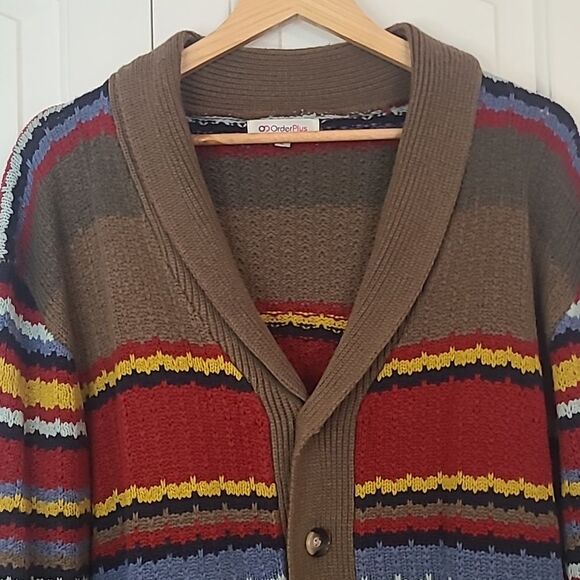 OrderPlus Men’s Striped Multicolor Retro Style Hipster Cardigan Sweater Size L - Picture 2 of 10